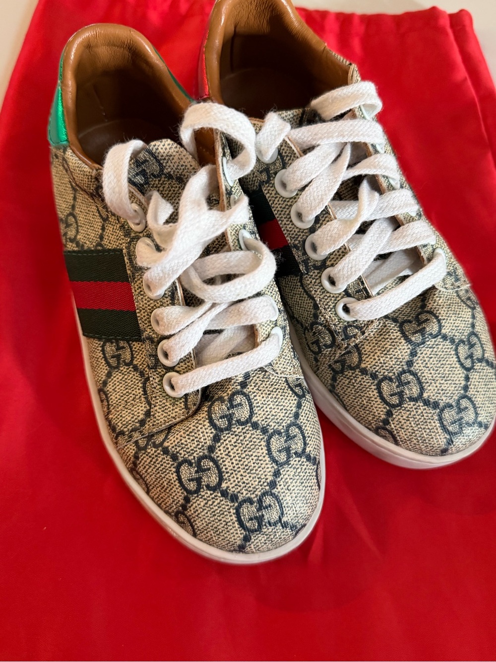 Gucci Kids Beige GG Canvas Sneaker with Green-Red Web Stripe